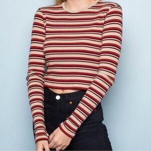 Brandy Melville Red and Cream Striped Long Sleeve Top